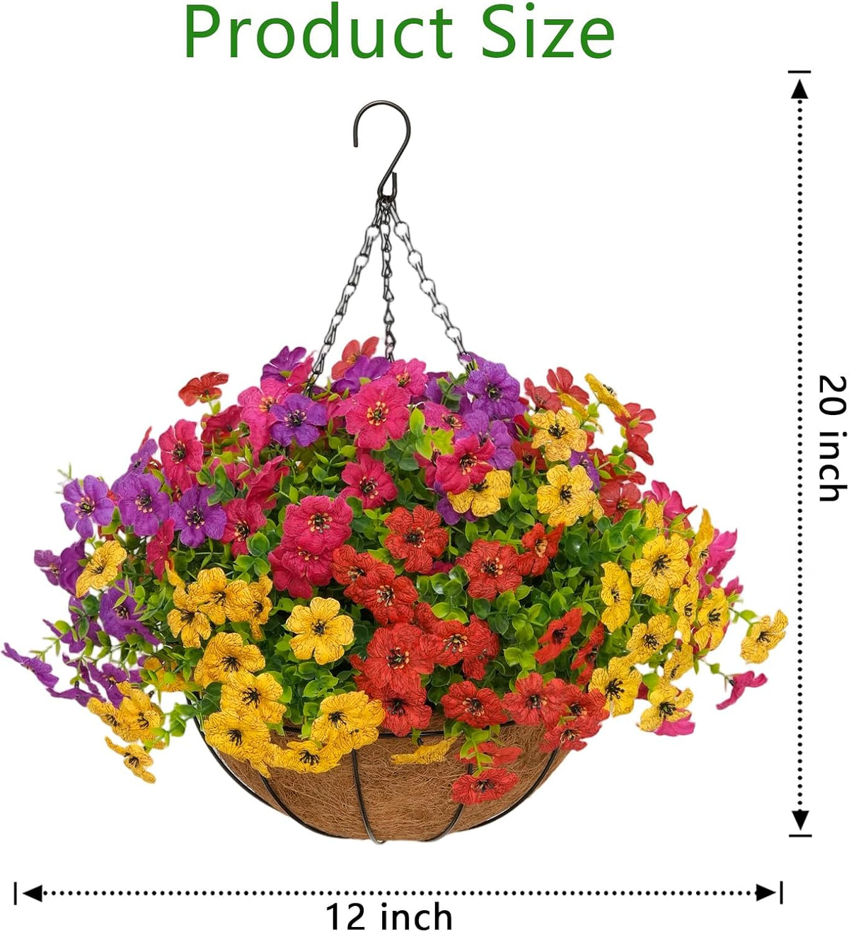 2 set artificial hanging flowers with baskets for showing dimensions