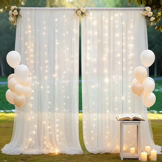 Ledido 10×8ft Tulle Backdrop Curtains with Lights String - 300LED Fairy Lights Sheer Curtain Backdrop for Weddings Baby Shower and Birthday Party Decorations(2 Panels 5×8ft)