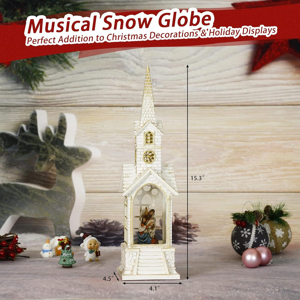 15.3IN Nativity Snow Globe Christmas Decorations,Musical Christmas Snow Globes Churches Lighted Glitter Globe Lantern 6H Timer, Christian Gifts for Christmas Decor