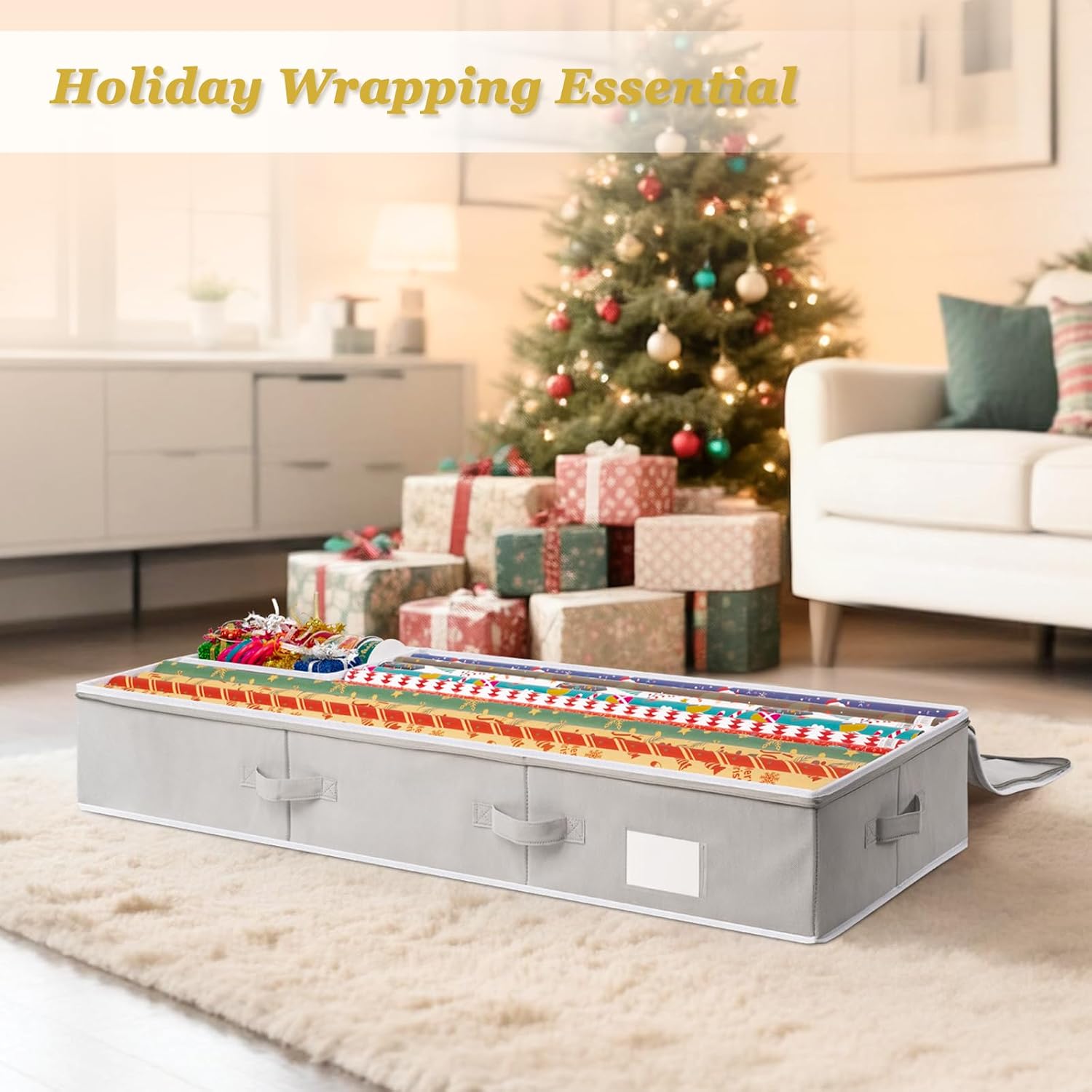 Criusia Gift Wrapping Paper Organizer Storage, Durable Underbed Storage Container Fits 24 Rolls, with Removable Dividers and Pockets for Ribbon, Ornaments, Holiday Accessories, Grey