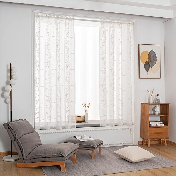VISIONTEX White Sheer Voile Curtains, Decorative Beige Leaves Embroidery Faux Linen Rod Pocket Window Drapes for Home Kitchen, Living Room and Bedroom 54 x 72 Inch, Set of 2 Curtain Panels