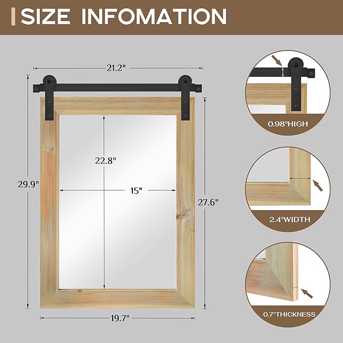 COGOOD Farmhouse Barn Door Mirror - 21" x 30" Rustic Wood Framed Wall Mirror for Bathroom, Living Room, Entryway Wall Decor (Burlywood)