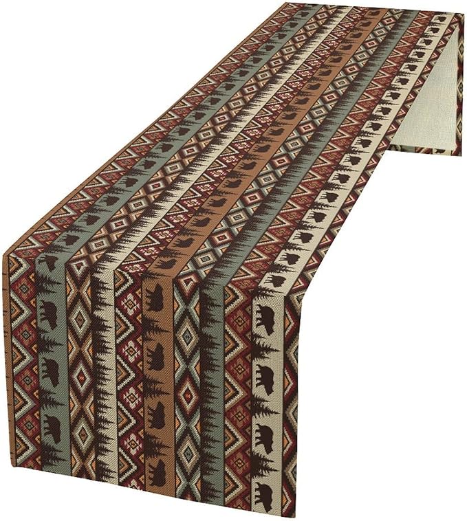 Retro Cabin Table Runner Rustic Bear Forest Farmhouse Lodge Jungle Table Runner for Dinner Party Living Room Kitchen Aztec Vintage 13x60 Inch