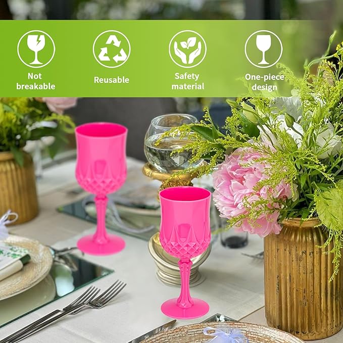 Plastic Vintage Wine Glasses 7OZ Plastic Goblets Vintage Drinking Glasses 24PCS Retro Wedding Glassware Water Goblets Reusable Drinking Cups for Party,Reception,Celebration,Bar,Whiskey(Rose Pink)