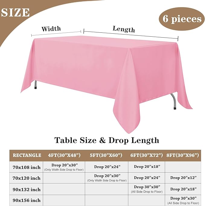 Fitable Pink Rectangle Tablecloths for 6 Foot Tables, 6 Pack - 70 x 108 Inches - Stain Resistant and Washable Table Clothes, Polyester Fabric Table Covers for Wedding, Party, Banquet, Buffect