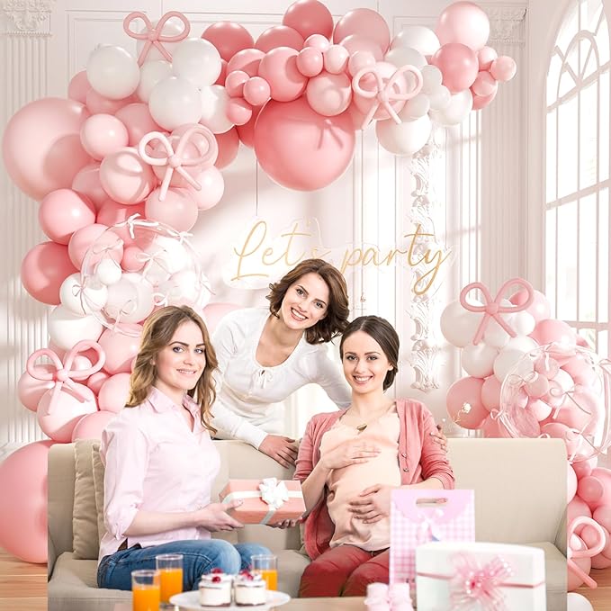 Pink Bow Balloons Garland Arch Kit,180Pcs Pink and White Balloons with Clear Balloon Wrap Bows for Wedding Bachelorette Baby Shower Coquette Birthday Party Decorations
