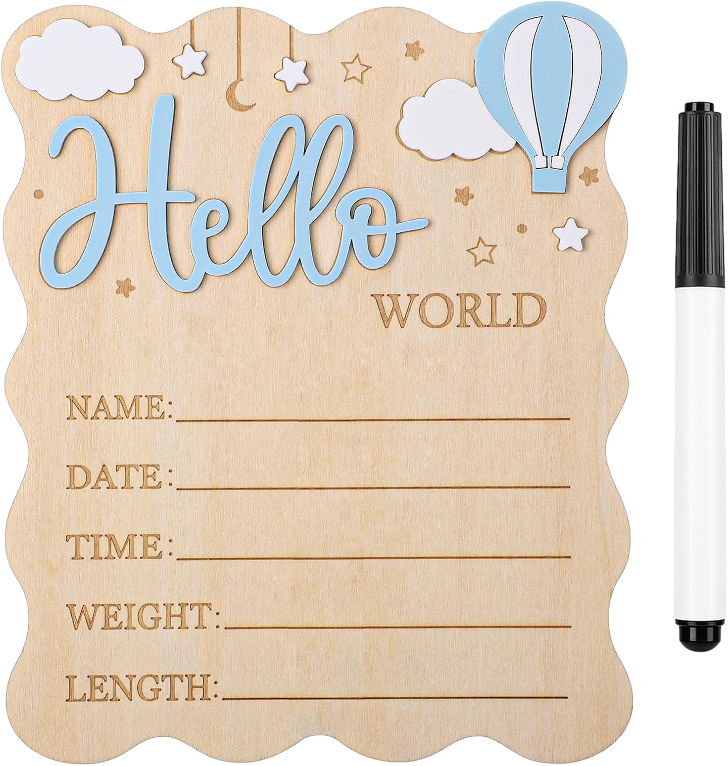 Baby Announcement Sign, Wooden Newborn Birth Plaque, Blue | Natural Wood, Smooth Finish, Write Baby Name and Birth Details, Photo Grop, Nursery Decor, Baby Shower Gift