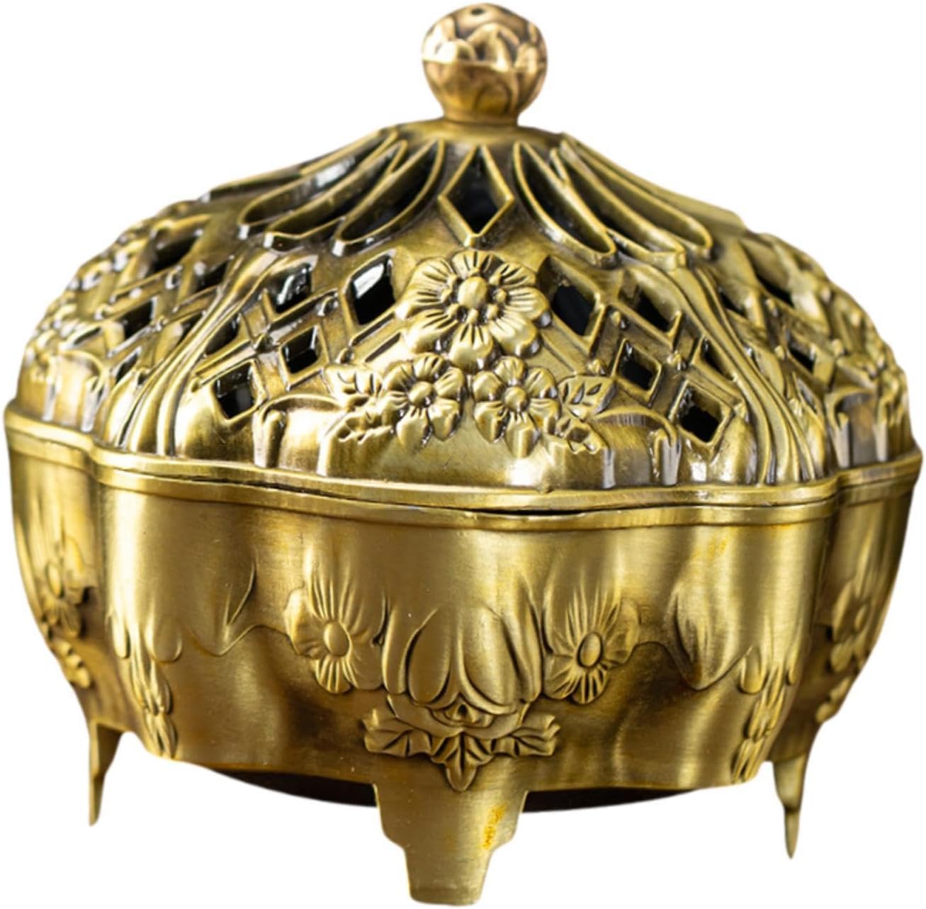Brass Censer Bowl Holder with Lid Coil Cone Stick Accessory Traditional Round Base Patterned Craft Suitable for, Yellow