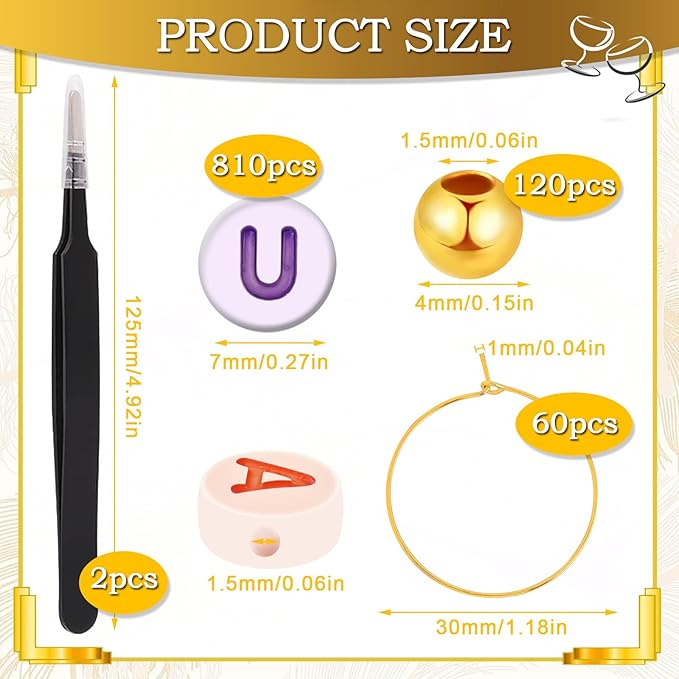 60 Sets DIY Wine Glass Charms – 780 Letter Beads 120 Gold Beads 60 Charm Rings 2 Tweezers, Drink Identifier Charms Wine Glass Marker Tags for Wedding Cocktail Bachelorette Party Decoration (Luminous)