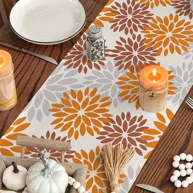 Artoid Mode Orange Dahlia Floral Pinnata Fall Table Runner, Seasonal Autumn Thanksgiving Kitchen Dining Table Decoration for Home Party Decor 13x72 Inch