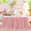 14FT Dusty Rose Chiffon Table Skirt Sheer Rectangle Tablecloth for Wedding 1st Baby Girl Birthday Party Bridal Shower Decoration