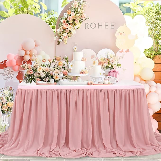 14FT Dusty Rose Chiffon Table Skirt Sheer Rectangle Tablecloth for Wedding 1st Baby Girl Birthday Party Bridal Shower Decoration