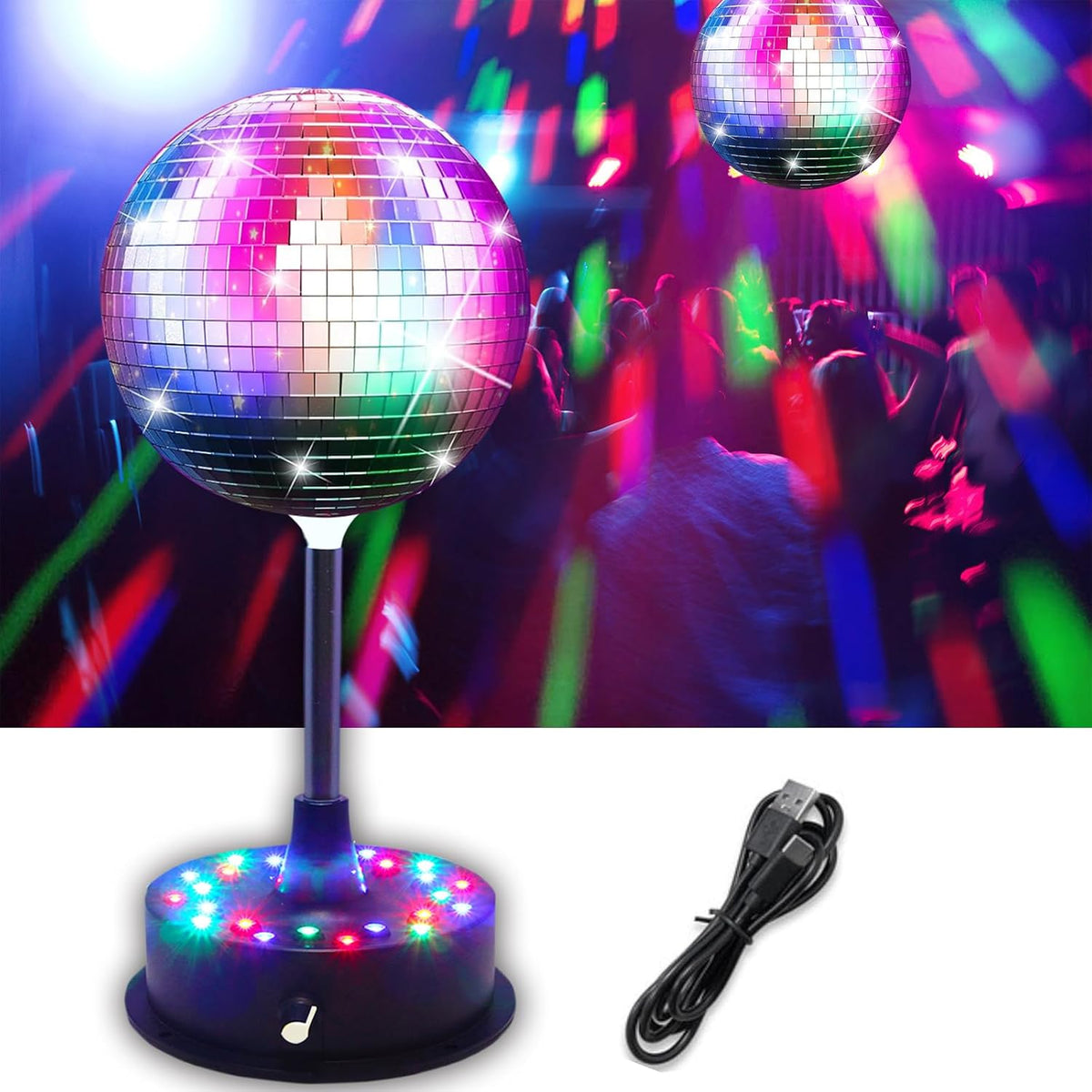 6'' Mirror Disco Ball with 24 LEDs 5-9 RPM Adjustable Rotating Motor ...
