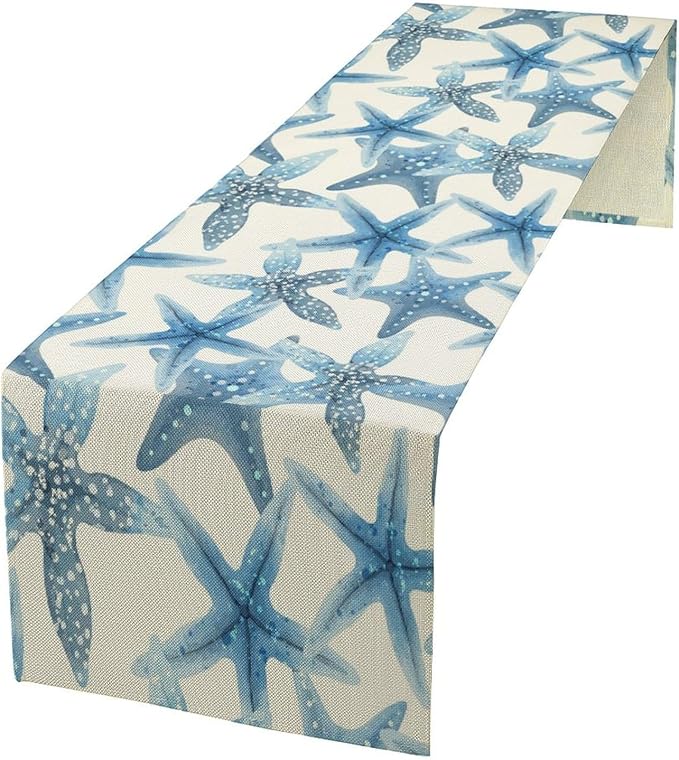 Starfish Plaid Table Flag Green Plaid and Marine Life Starfish Kitchen Table Flag Suitable for Birthday Party Restaurant Decoration Outdoor Picnic 13 * 120 Inch