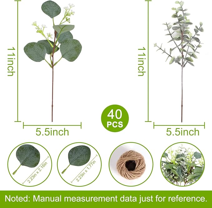 40 Pcs Artificial Greenery Eucalyptus Stem Silver Dollar Leaves Baby Eucalyptus Leaves Suitable for Family Wedding Vase Centerpieces Bouquet Flower Arrangement