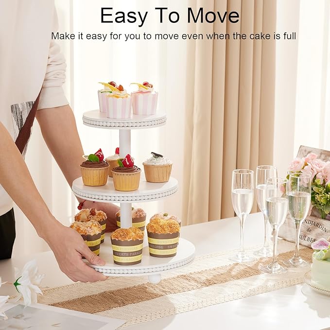 3 Tier Cupcake Stand Round,Wood Cupcake Stand with Beads,Tiered Cake Stand for 24 Cupcakes,Dessert Display Stand,Cupcake Tower for Party, Wedding, Birthday, Home Decor