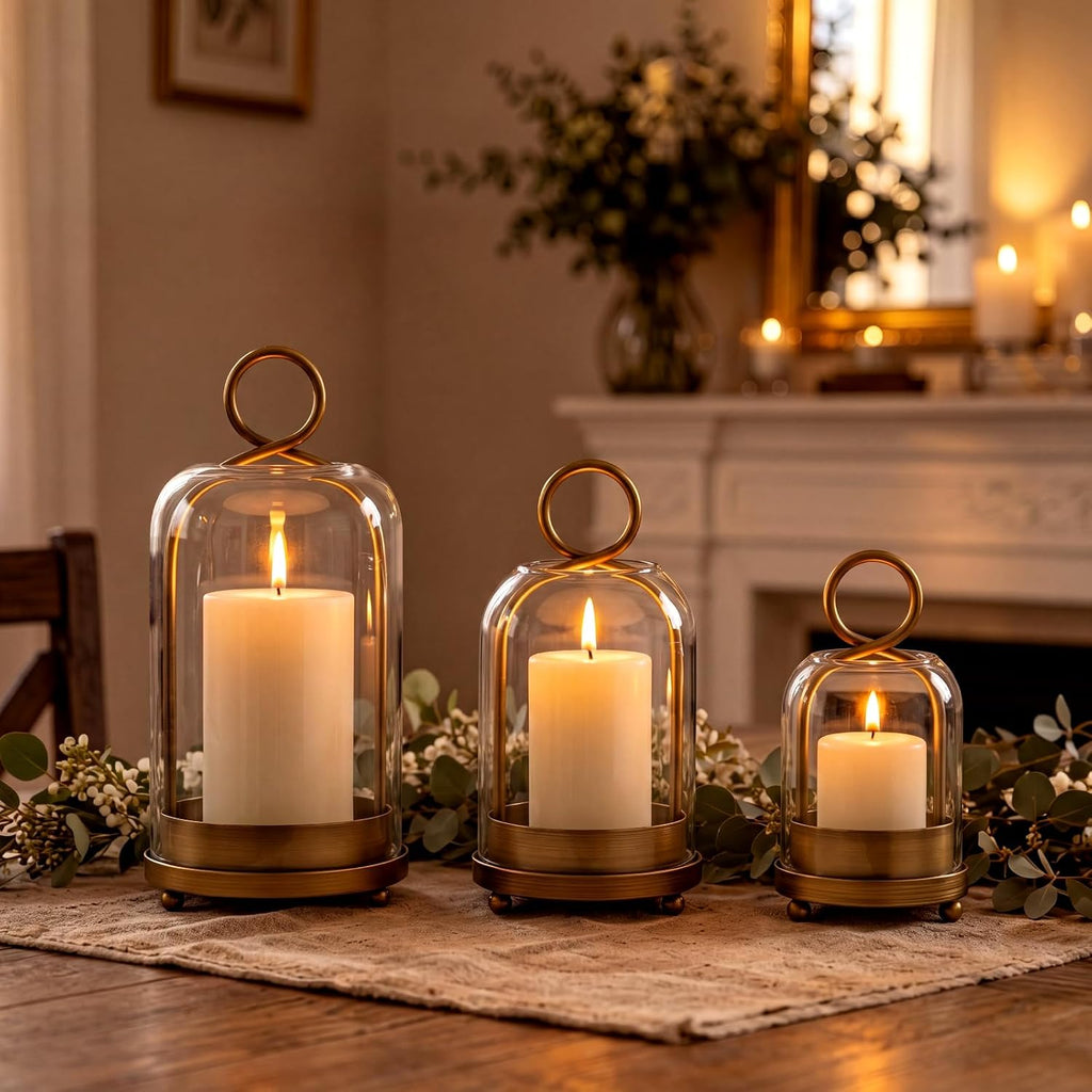 Woanger 3 Set Glass Pillar Candle Holder Set with Hanging Hooks, 5"/7"/9" Metal Candle Lantern with Glass Dome, Designed for Flameless LED Candles, Table Centerpiece Home Wedding Decor (Vintage Brass)