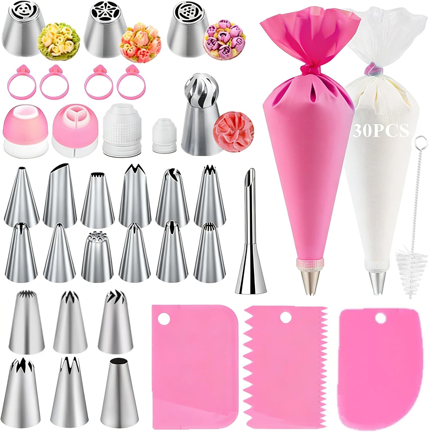 66Pcs Piping Bags and Tips Set, Cake Decorating Tools Supplies, Stainless Steel frosting tips with Reusable Pastry Bag, Cake Decorating Tips Set for DIY Pastry Dough, Cookie, Cupcake, Cake (Pink)