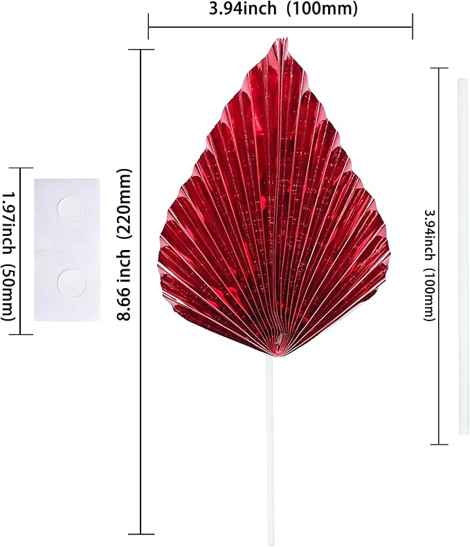 Ephlyn 6Pcs Paper Palm Leaves Fan Cake Toppers Palm Leaf Fan Cake Picks Craft DIY Fan Cupcake Toppers Palm Spear Leaves Cake Decorations for Baby Shower Wedding Birthday Party Supplies Bright Red