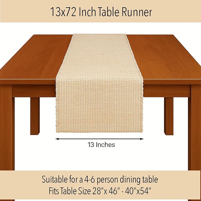 Chardin home Natural Jute Table Runner 13x72 Inch – Vintage Boho Rustic Table Decor – Handwoven Table Runner in Natural Jute and Ivory – Farmhouse Dining or Console Table Accent