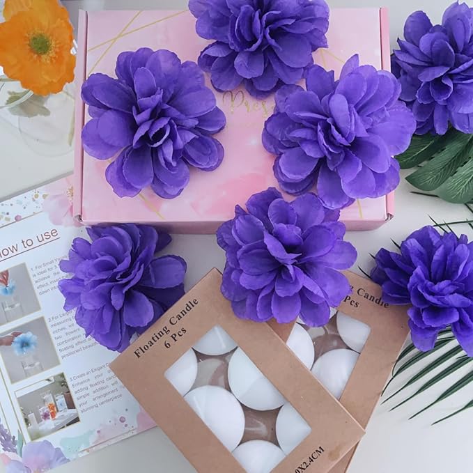 24 Pcs Floating Candles for Centerpieces and Floating Flowers Vase Fillers for Centerpieces Artificial Purple Flowers for Wedding Table Party Home Decoration