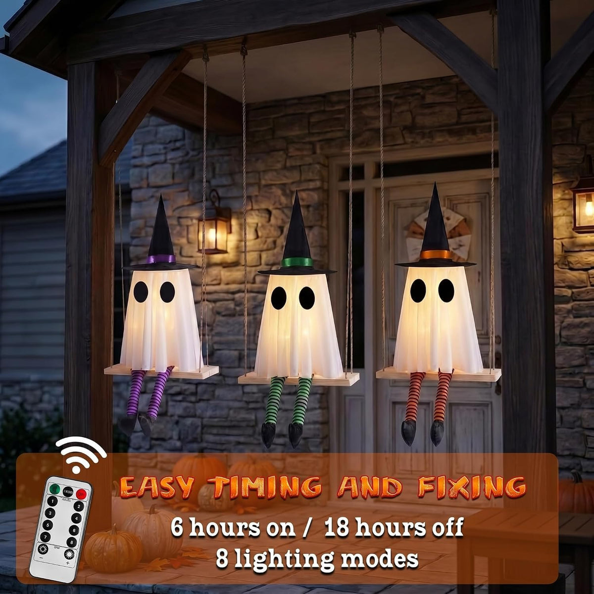 halloween swinging ghost outdoor decor, spooky hanging ghosts, side view