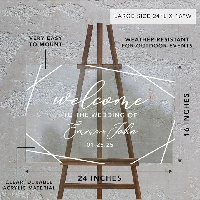 Andaz Press Custom Large Wedding Acrylic Sign, 16 x 24 Inches, Geometric Welcome, Personalized Sign, Welcome Sign For Modern Wedding Theme Wedding Decorations
