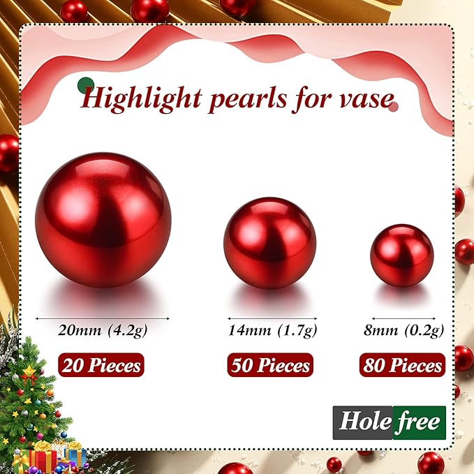 150 Pieces Vase Filler Faux Pearls Vase Makeup Beads No Hole Gloss Bead Mixed Sizes Round Pearl for Home Party Wedding Decor, 8/14/20 mm(Red)