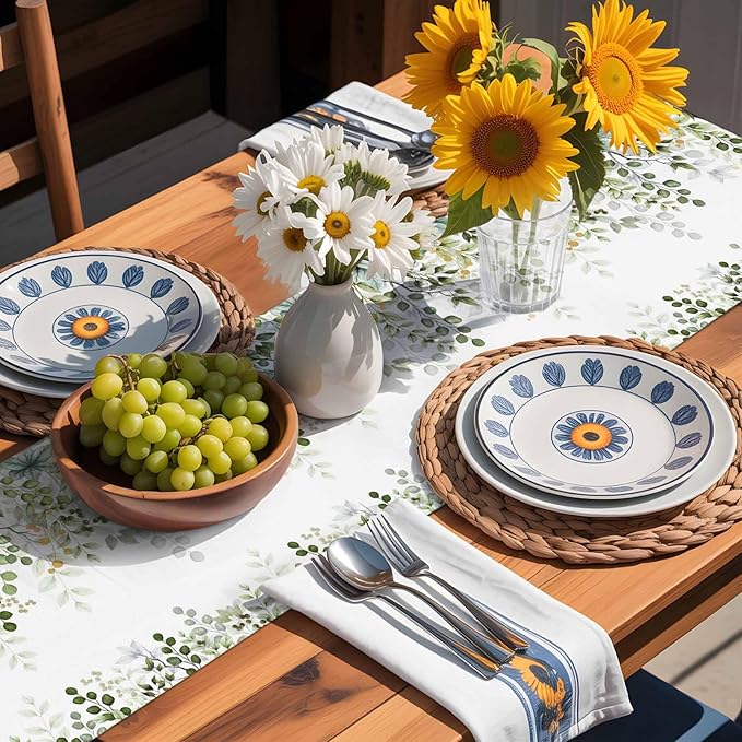 Sage Green Eucalyptus Cotton Linen Table Runner for Dining Kitchen,Farmhouse Leaves Botanical Floral Wedding Outdoor Party Tablerunners Decoration Dresser Scarf Coffee Tablecloth Runners 13x120 Inches