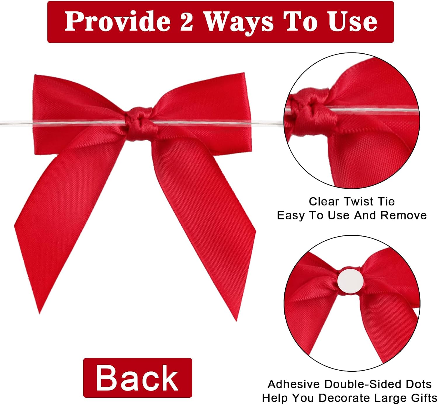 Anwyll 50Pcs Twist Tie Bows - 3.5Inch Premade Gift Bows for Cake Gift Wrapping Balloon Craft Treat Bag Satin Ribbon Bow for Merry Christmas Decoration Birthday Party Bridal Shower Wedding Favors (Red)