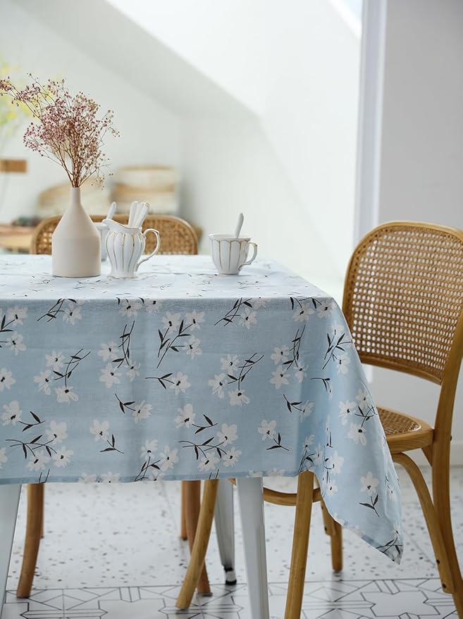 Pastoral Rectangle Tablecloth - 60 x 84 Inch - Linen Fabric Table Cloth - Washable Table Cover with Dust-Proof Wrinkle Resistant for Restaurant, Picnic, Indoor and Outdoor Dining, Floral (Light Blue)