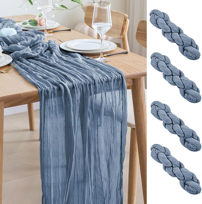 Asee'm 4pcs Cheesecloth Table Runner 120 Inches Long Dusty Blue Boho Gauze Cheese Cloth Runner 10FT Rustic Sheer Table Runners for Christmas Wedding Party Baby Shower Spring Easter Decoration