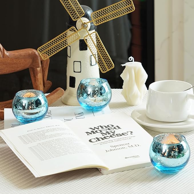 Homemory 36 Pcs Blue Votive Candle Holders, Round Mercury Glass Candle Holder, Tealight Candle Holders for Table Centerpieces, Baby Showe, Anniversary, Wedding, Home Decor, Halloween, Christmas