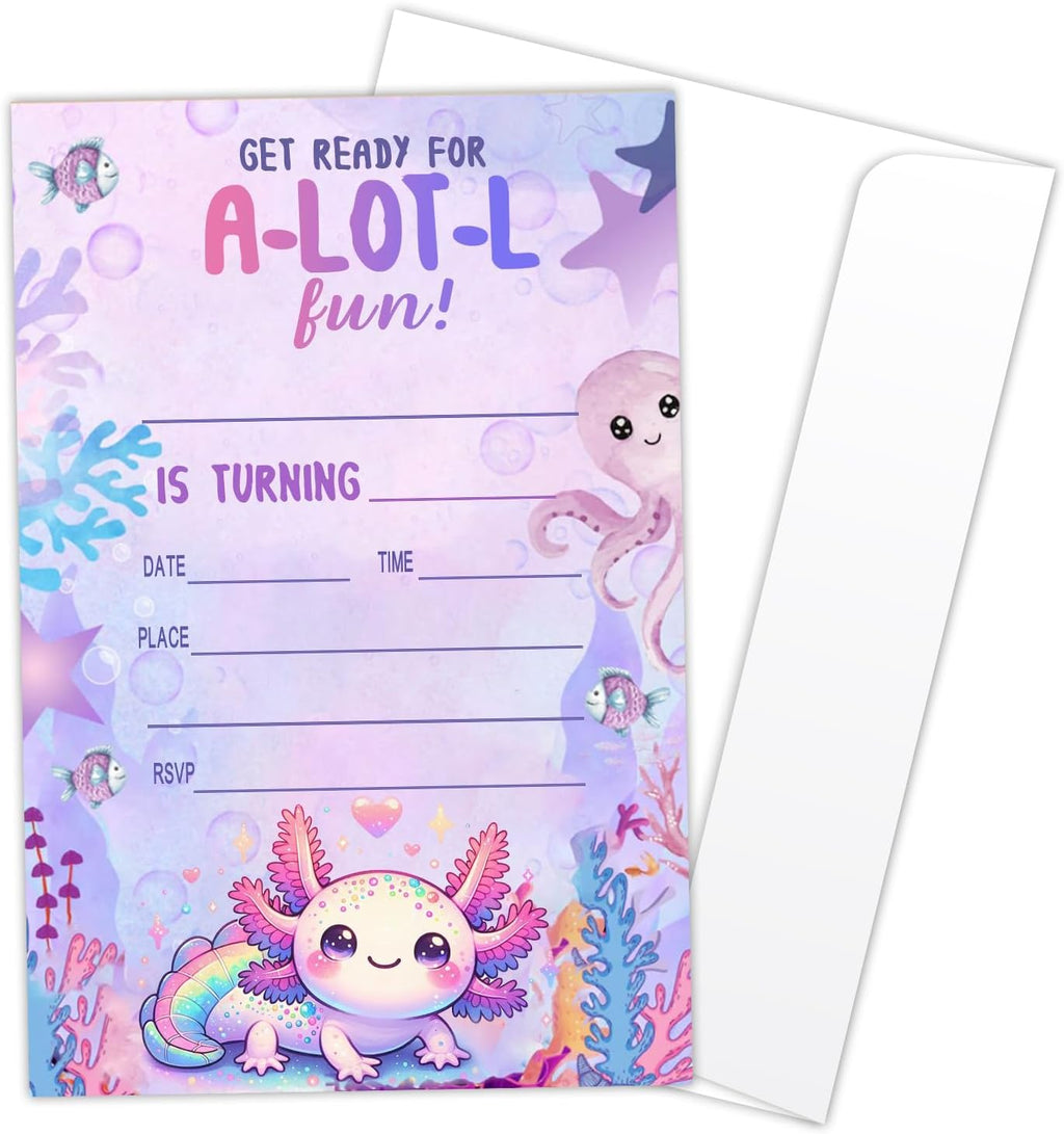 Axolotl Birthday Party Invitation Cards for Kids, 20 Party Invites with Envelopes, Cute Purple Ocean Animal Birthday Invitations for Boys Girls Teens Children, Axolotl Birthday Party Decorations -L860