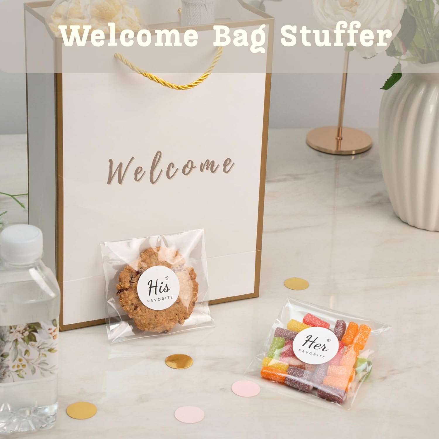 His Favorite Her Favorite Stickers (50 + 50) with 100 Clear Gift Bags – Perfect Wedding Party Favors, Guest Welcome Bag Stuffers, Bridal Showers & Engagements