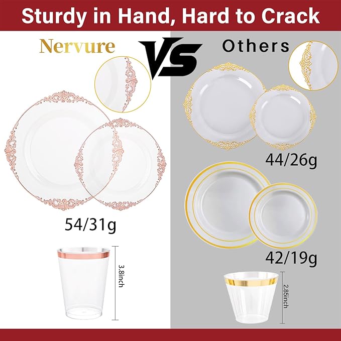 Nervure 350PCS Rose Gold Plastic Plates - Rose Gold Plastic Dinnerware Sets for 50 Guests - 100 Disposable Plates, 150 Silverware, 50 Cups, 50 Napkins for Wedding & Party