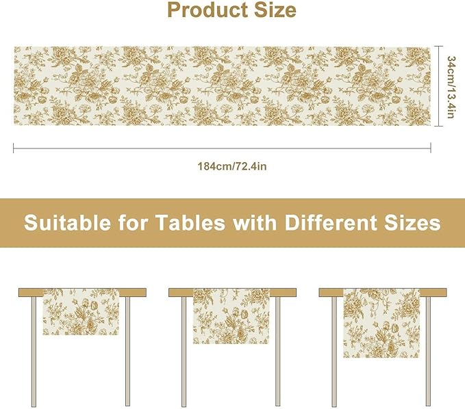 Retro Floral Table Runner, Golden White Wildfloral Sketch Print Kitchen Dinning Table Runner for Indoor Outdoor Home Wedding Party Holiday, 13x36 Inch