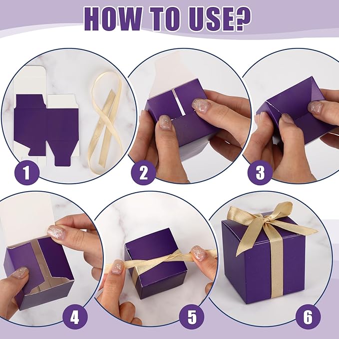 Jutom 100 Pcs Mini Favor Boxes Extra Small Candy Boxes Paper with Gold Ribbon for Christmas Thanksgiving Day Birthday Wedding Anniversary Supplies(2 x 2 x 2 Inch,Purple)