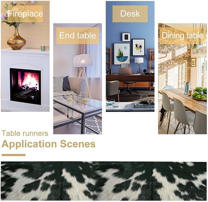 Cow Skin Print Table Runner, Rustic Country Farm Fur Skin Cowhide Pattern Western Style Black White Print Table Runner for Home Kitchen Dinning, 13x90 Inch