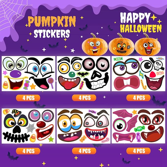 48Packs Pumpkin Decorating Kit, Make Your Own Small Pumpkin face Stickers, Halloween Pumpkin Decorating Stickers for Kids Halloween Party Favors