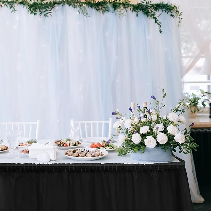 TURSTIN 2 Pieces Black Plastic Table Skirts 14 x 29 Feet for Rectangle Tables Fitted Tablecloth Disposable Table Cover for Birthday Party, Events, Banquette Baby Shower