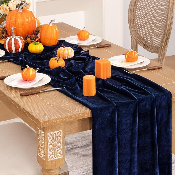 Navy Blue Velvet Table Runner Fall Thanksgiving Navy Table Runner 20 x 120 Inch Luxurious Elegant Velvet Fabric Friendsgiving Table Decorations for Christmas Dinner Wedding Bridal Baby Shower