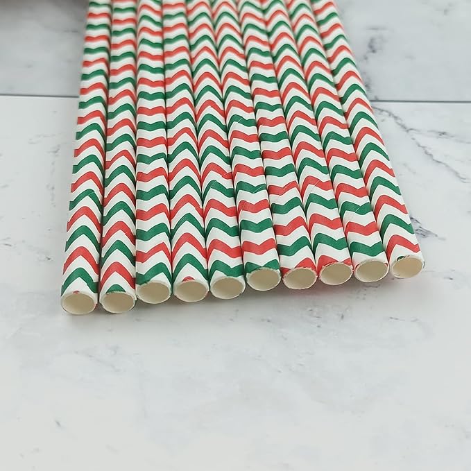 YAOSHENG Premium Disposable Waves Striped Drinking Paper Straws, Pack 100 Red and Green Waves Paper Straws for Cocktail Party Supplies,Birthday,Bridal/Baby Shower,Juice,Shakes (Red & Green Waves)