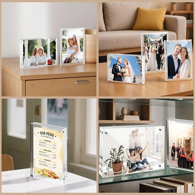 JOHOUSE 2 Pack 8 x 10 Acrylic Picture Frames, Double Sided Magnetic Photo Certificate Frames Self Standing Frameless Transparent for Desktop Display