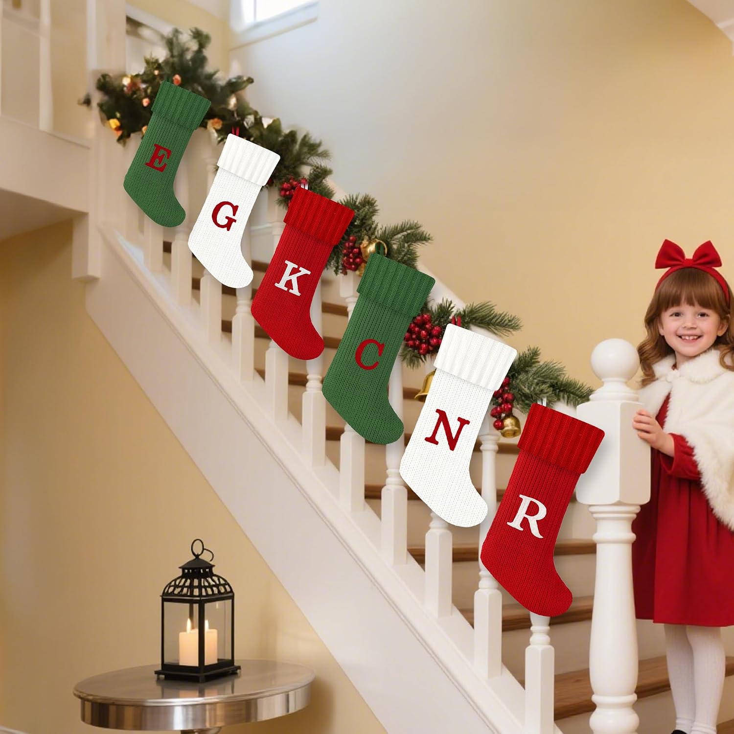 Christmas Stockings with Initials, 20 Inches Knitted Green Christmas Stockings with Monogram, Large Cable Knitted Stockings for Fireplace Holiday Family Party Decor(Green,J)