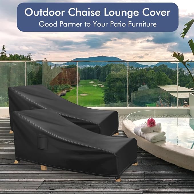Chaise Lounge Covers Outdoor Waterproof, Heavy Duty Patio Furniture Covers, Fits up to 78L x 34W x 32H inches, 2 Pack, Black