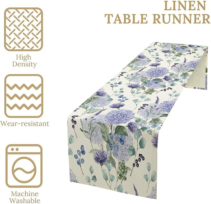 Spring Hydrangea Flower Table Runner, Seasonal Summer Plants Watercolor Eucalyptus Leaves Purple Florals Dinner Runner for Home Kitchen Dining Table Party Holiday Decoration 13"x70"