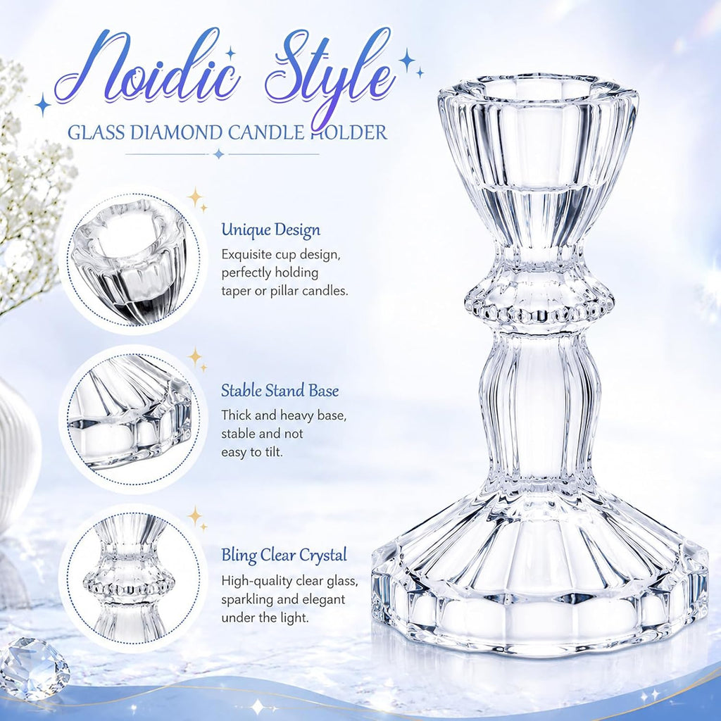 Sieral 24 Pcs Clear Taper Candle Holders 4'' Tall Candlestick Glass Holders Bulk Decorative Striped Design Stand Wedding Stick Holder for Anniversary Party Dining Table Festival Decor