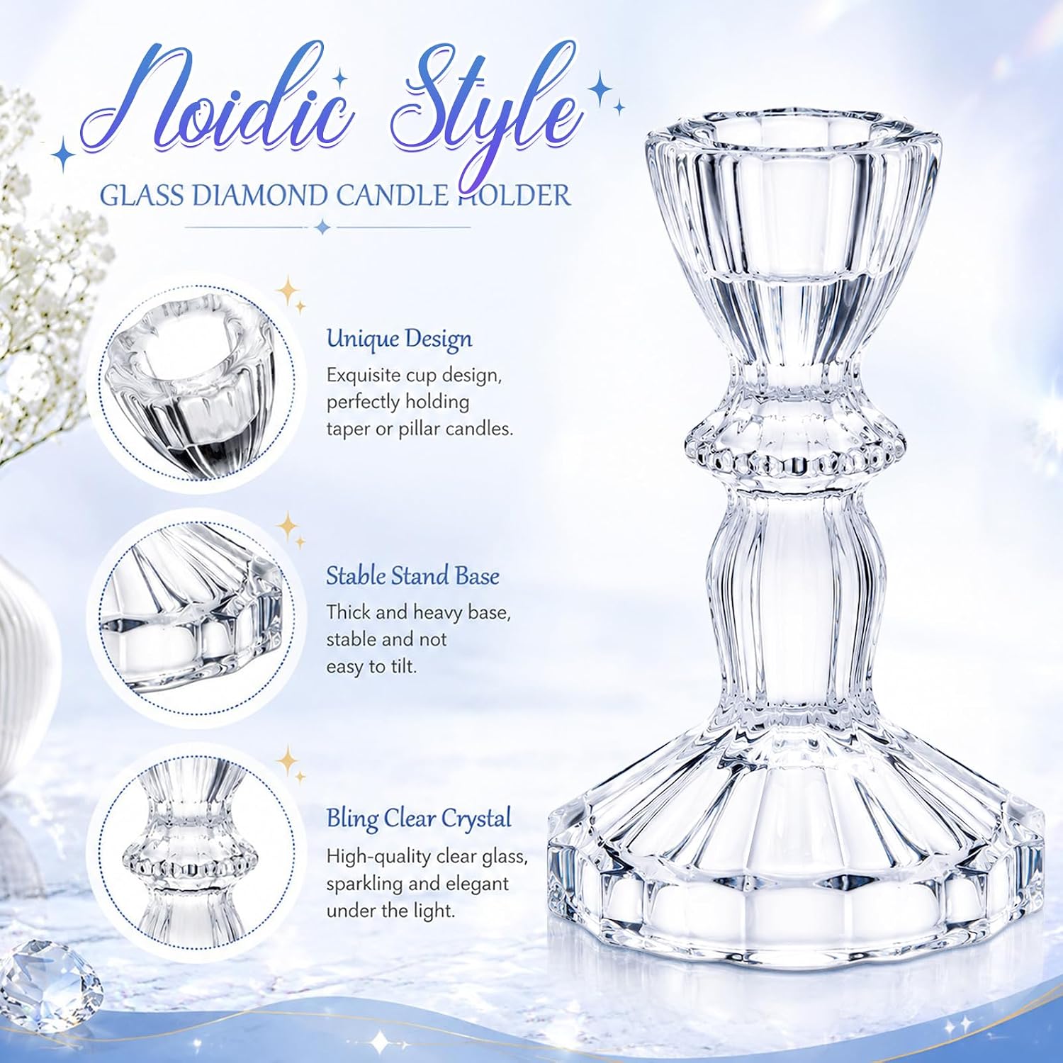 Sieral 24 Pcs Clear Taper Candle Holders 4'' Tall Candlestick Glass Holders Bulk Decorative Striped Design Stand Wedding Stick Holder for Anniversary Party Dining Table Festival Decor