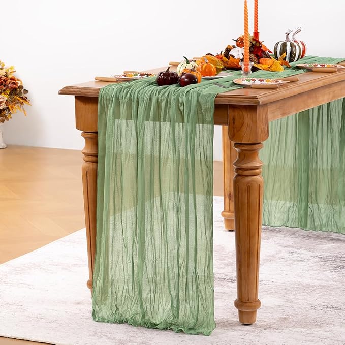 Sage Green Cheesecloth Table Runner 4 Pack Fall Table Runners Boho Gauze 120 Inches Sage Cheese Cloth Fall Table Decorations for Thanksgiving Wedding Bridal Baby Shower Tea Party